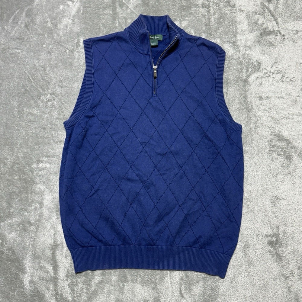 Bobby Jones Mens Medium Navy Blue Argyle 1/4 Zip Vest 100% Pima Cotton Golf